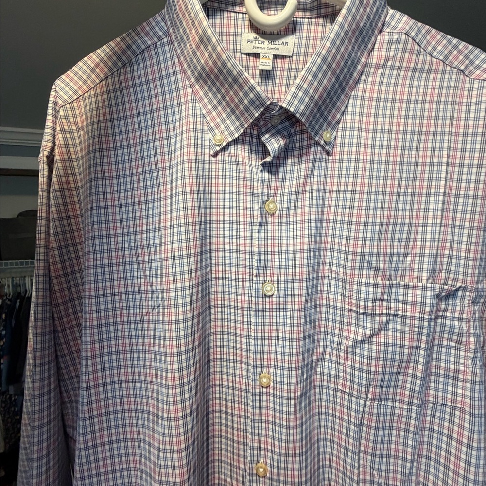 Peter Millar Blue and Pink Plaid Button-Down Shirt